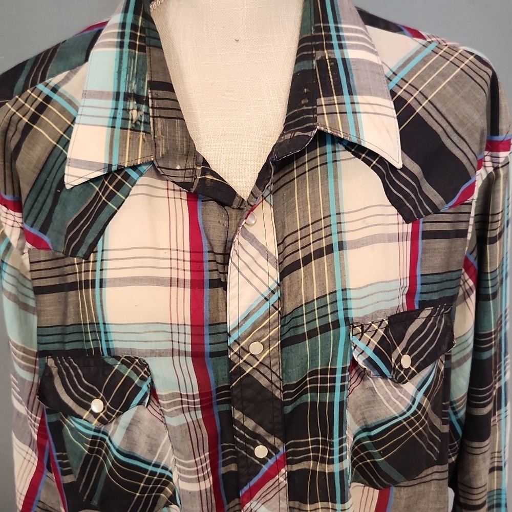 Vintage 80's Cowboy Cut Regular Fit X-long Tail Western Pearl Snaps Plaid Shirt - Picture 2 of 8